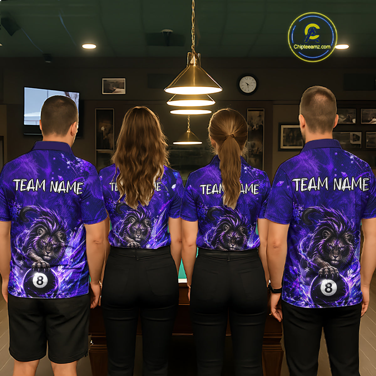 Custom Fierce Lion Billiard Shirt for Men Purple 8 Ball Pool Team Jersey Polo & 1/4 Zip BHT107