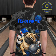 Load image into Gallery viewer, Person wearing a bowling-themed shirt with a pug holding a bowling ball in a bowling alley.