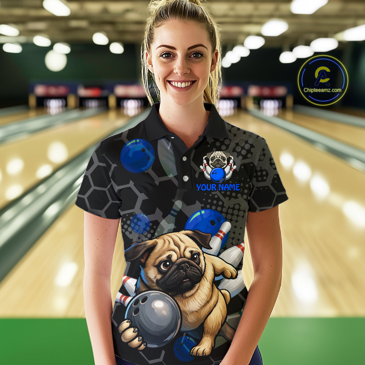 Person wearing a bowling shirt with a pug design in a bowling alley.