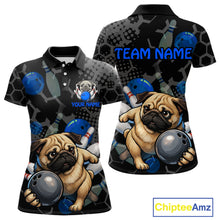 Load image into Gallery viewer, Two polo shirts with pug dogs and bowling elements, one with 'TEAM NAME' and 'Your Name' text space, Chiptee Amz logo visible.
