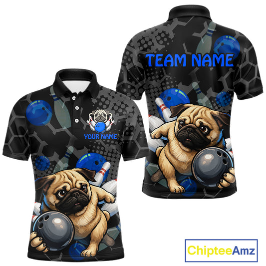 Polo shirt with pug dog design and bowling elements, featuring 'Team Name' and 'Your Name' text fields.
