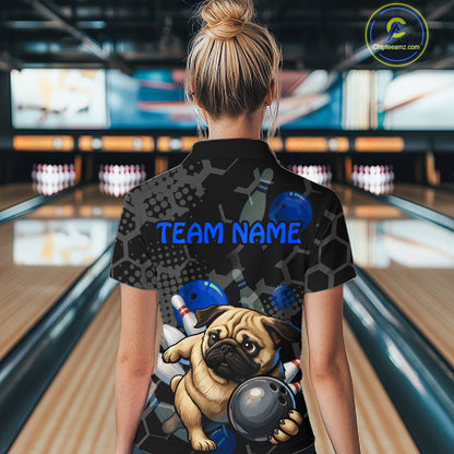 Person wearing a bowling shirt with a pug design and 'Team Name' text in a bowling alley.