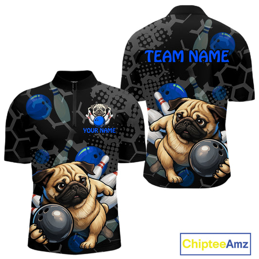 Black sports jersey with pug dog design and customizable text on a white background