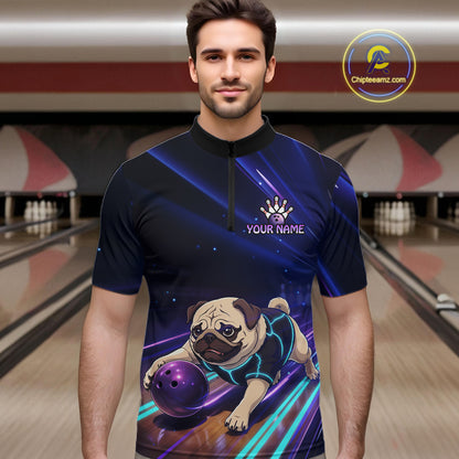 Funny Pug Dog Bowling Team Shirt for Men Custom Bowling Jersey Polo & 1/4-Zip Bowling Unisex QZT908