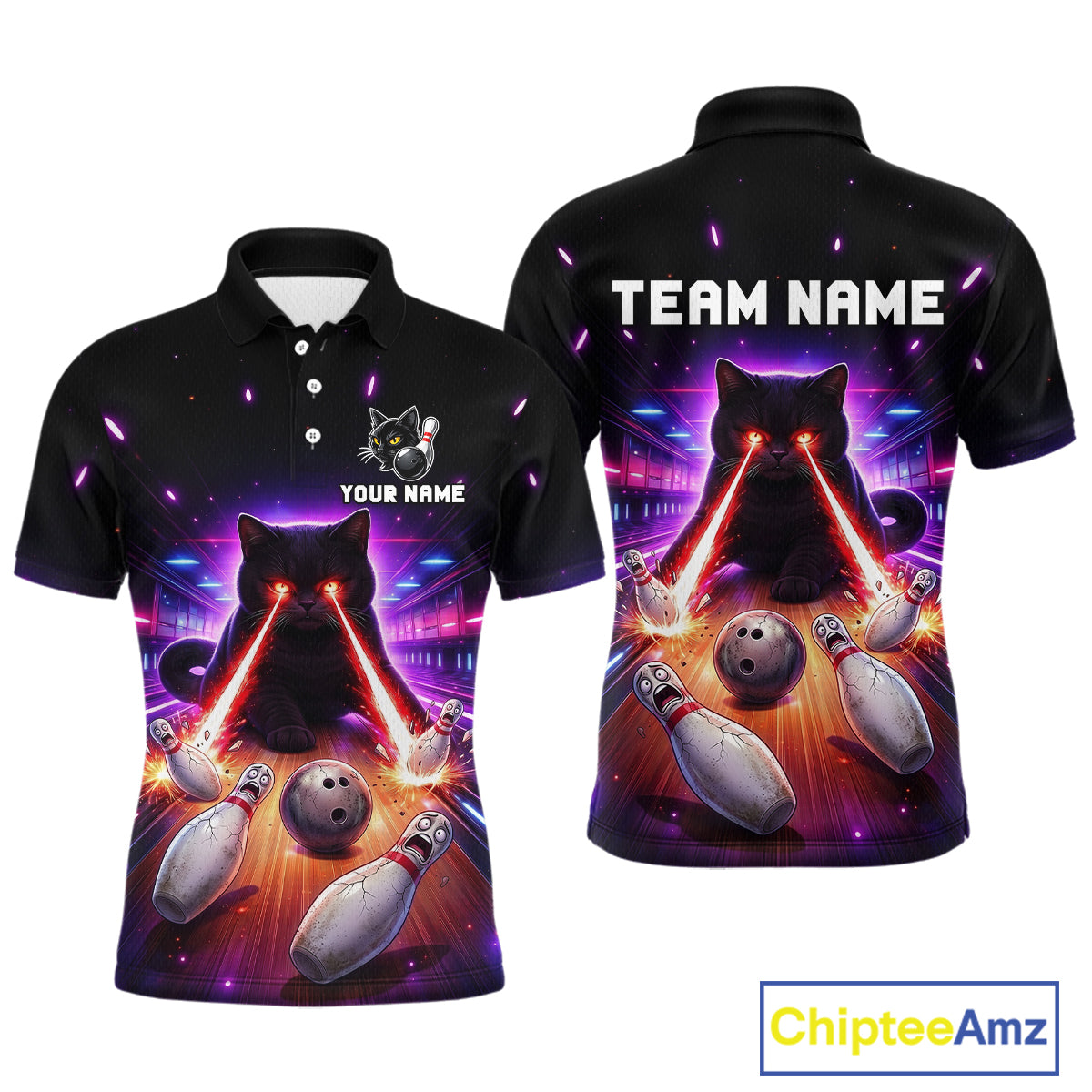 Custom Alien Cat Bowling Team Shirt for Men UFO Bowling League Jersey Polo & Quarter-Zip Bowling Outfit QZT989