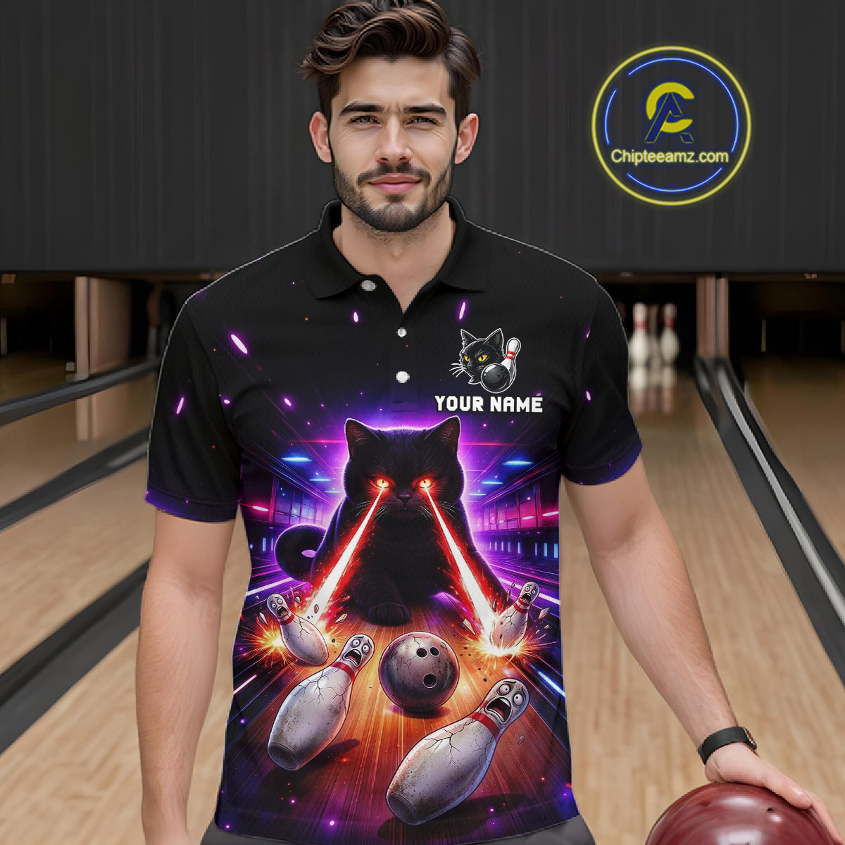 Custom Alien Cat Bowling Team Shirt for Men UFO Bowling League Jersey Polo & Quarter-Zip Bowling Outfit QZT989