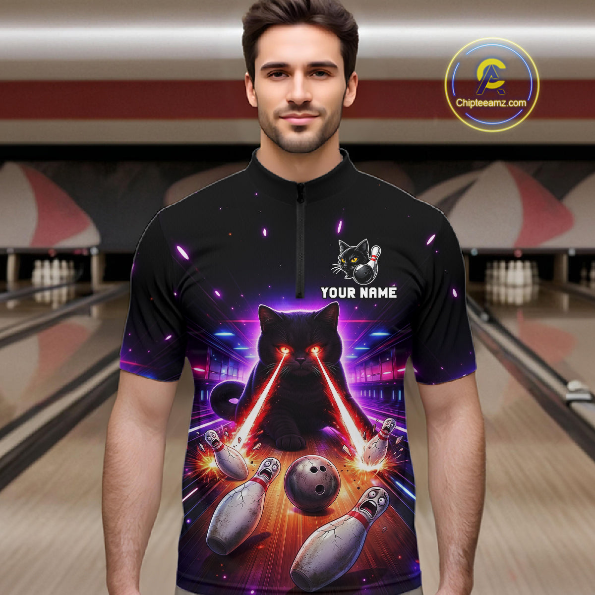 Custom Alien Cat Bowling Team Shirt for Men UFO Bowling League Jersey Polo & Quarter-Zip Bowling Outfit QZT989