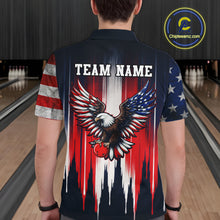 Load image into Gallery viewer, Person wearing a bowling shirt with an eagle design and 'TEAM NAME' text in a bowling alley.
