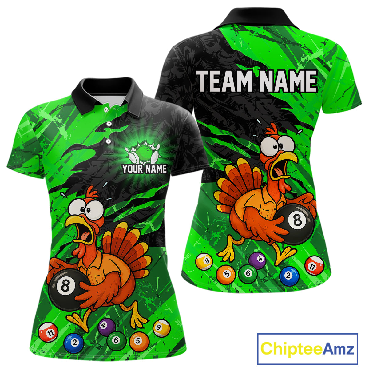 Custom short-sleeve polo shirt shown from front and back on a white background. The shirt features a bright green and black splatter design with cartoon turkeys holding pool balls, placeholder text 'YOUR NAME' and 'TEAM NAME', and colorful billiard ball graphics.