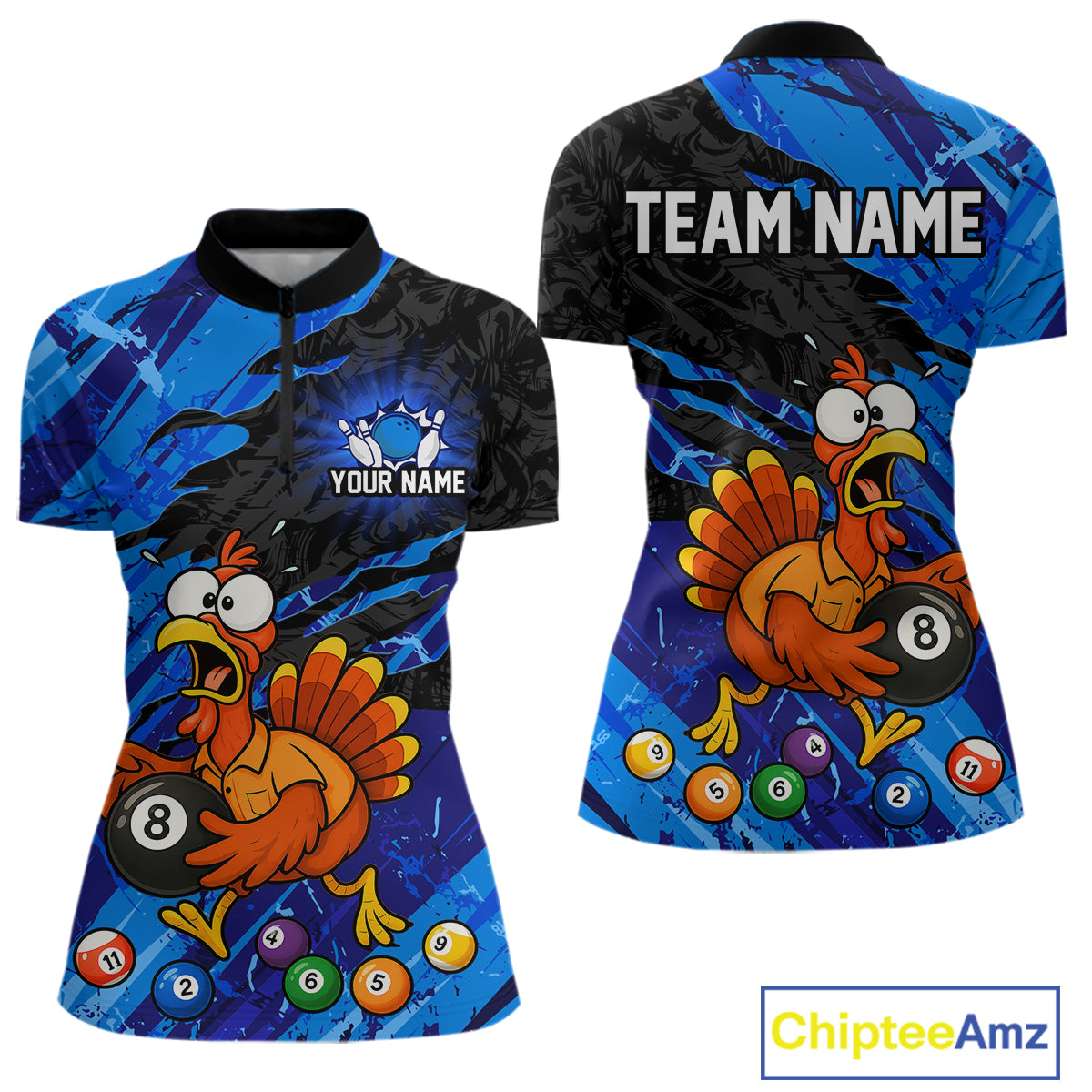 Front and back views of a short-sleeve custom polo shirt featuring a cartoon turkey and billiards design on a blue background, with placeholder text 'YOUR NAME' on the front chest and 'TEAM NAME' on the back.