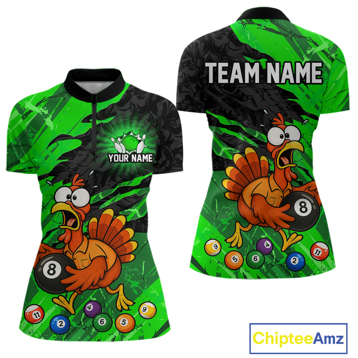 Front and back views of a short-sleeve polo shirt with a green and black splatter background, featuring a cartoon turkey and billiards theme. The front has a mock zipper, customizable text 'YOUR NAME', and pool balls.