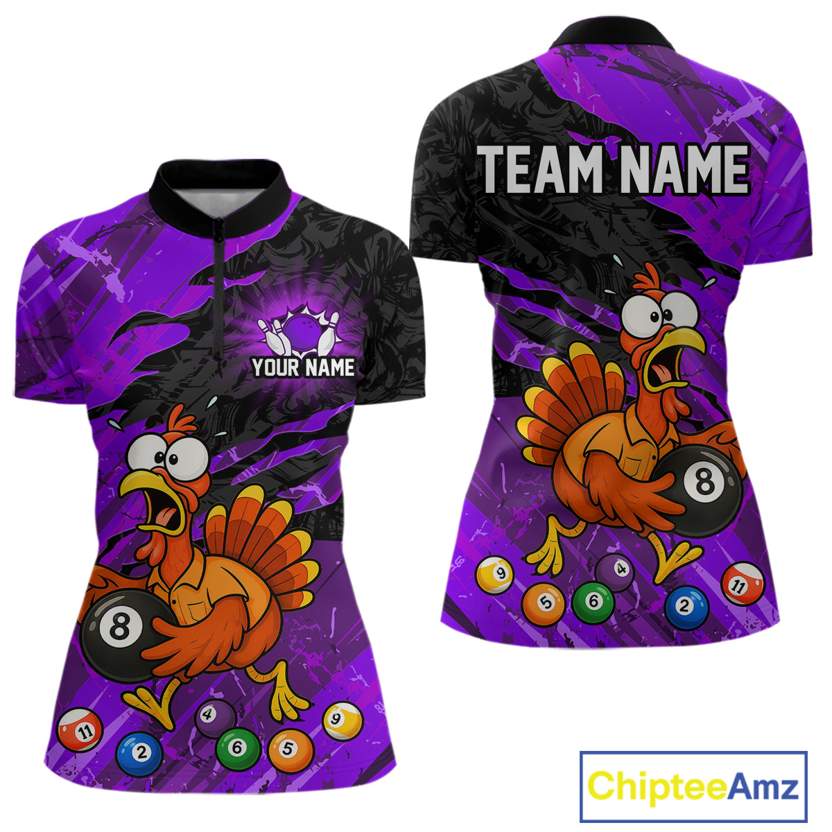 Front and back views of a women's short-sleeve quarter-zip jersey with a purple and black background, featuring a cartoon turkey and billiards theme, customizable text on the chest and back, and a ChipteeAmz logo in the bottom right corner.