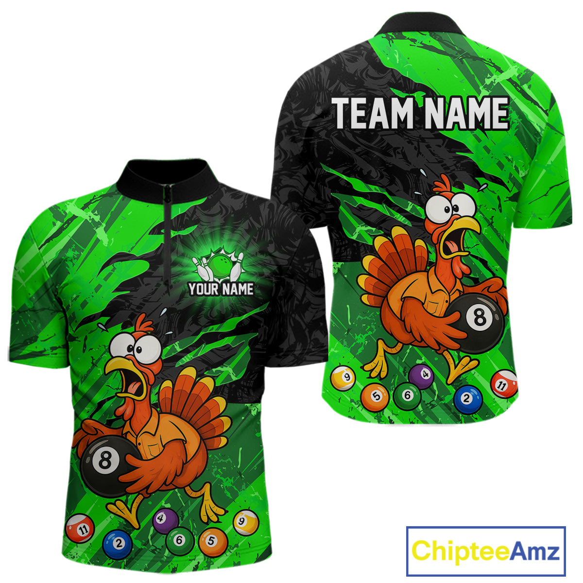 Front and back views of a short-sleeve quarter-zip jersey with a green and black abstract background, featuring a cartoon turkey holding an 8-ball billiard cue, colorful pool balls, and customizable text areas reading 'TEAM NAME' and 'YOUR NAME'.