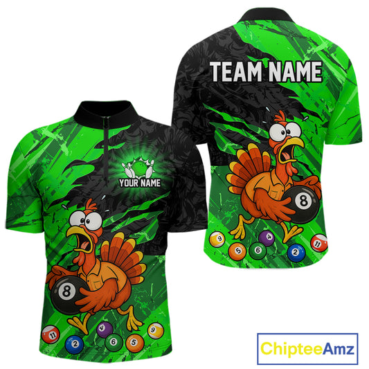 Front and back views of a short-sleeve quarter-zip jersey with a green and black abstract background, featuring a cartoon turkey holding an 8-ball billiard cue, colorful pool balls, and customizable text areas reading 'TEAM NAME' and 'YOUR NAME'.