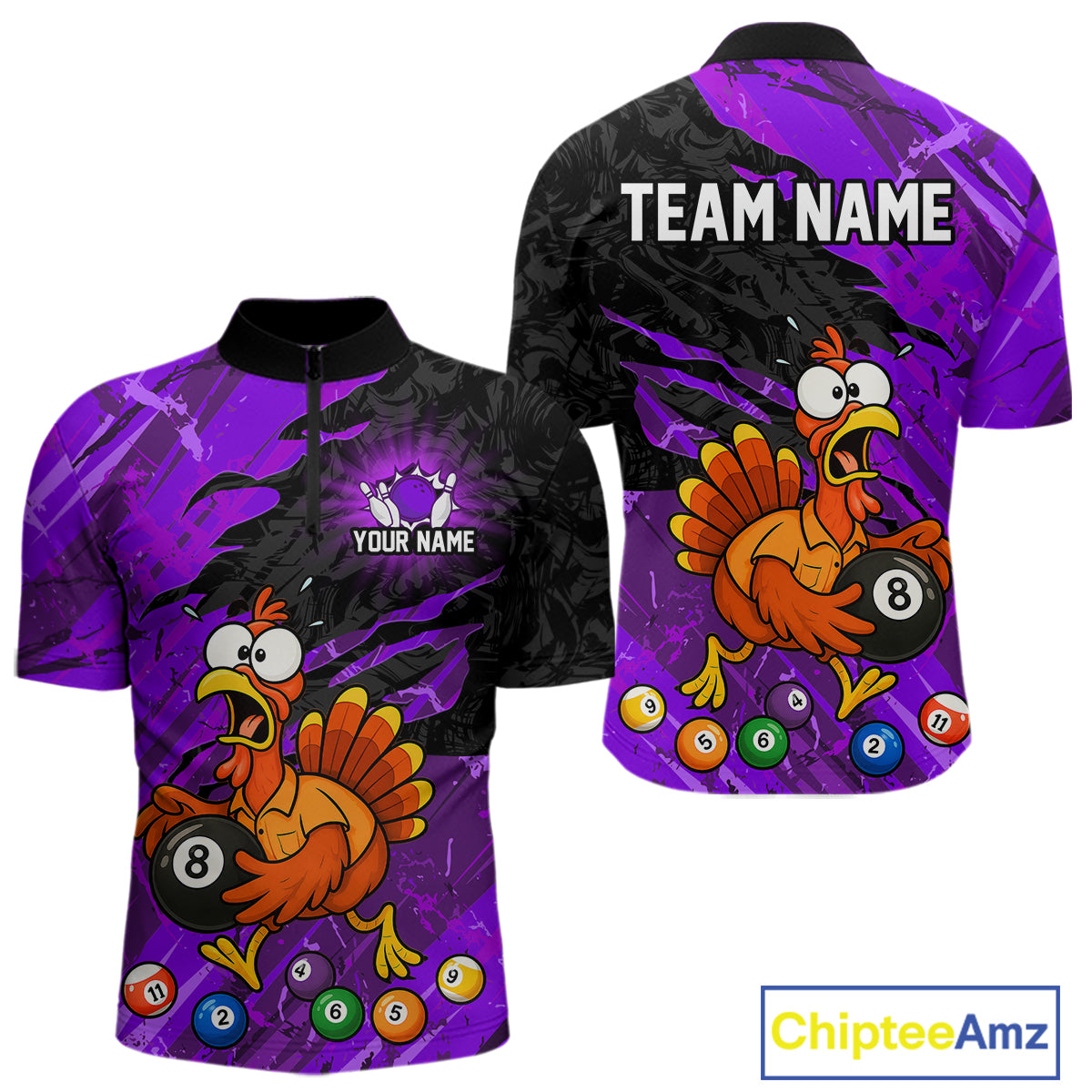 Front and back views of a short-sleeve quarter-zip jersey with a purple and black abstract background, featuring a cartoon turkey holding an 8-ball pool bill and colorful pool balls. The front has a placeholder logo and text reading 'YOUR NAME', and the back has 'TEAM NAME'.