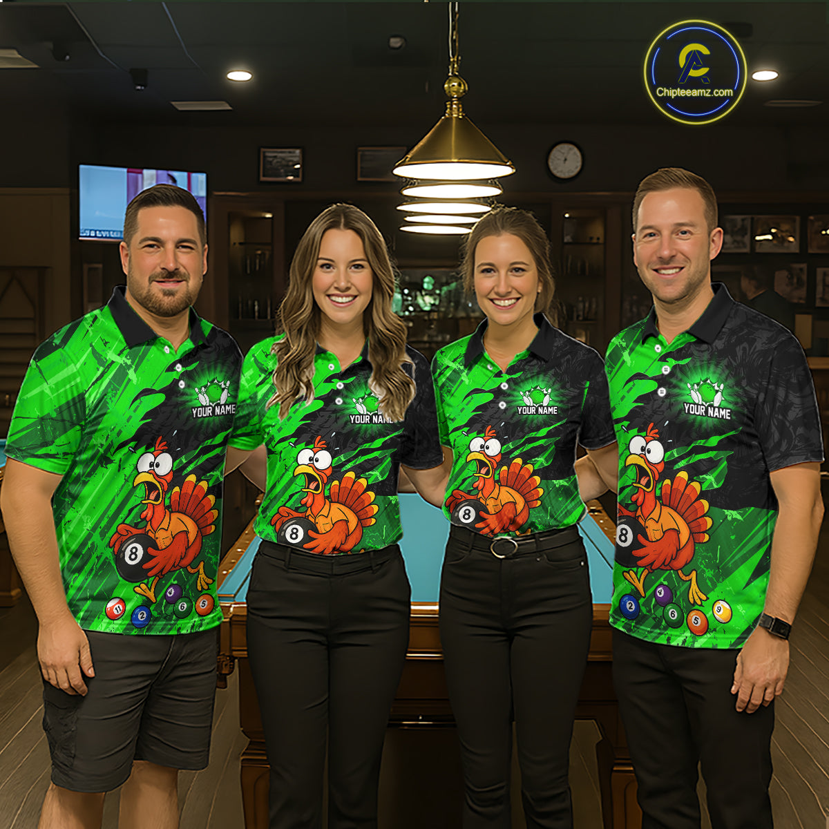Four people standing indoors in matching custom-designed polo shirts featuring a green and black background with a cartoon turkey graphic and billiards-themed text. The shirts are displayed in a pool hall setting with a pool table visible behind them.