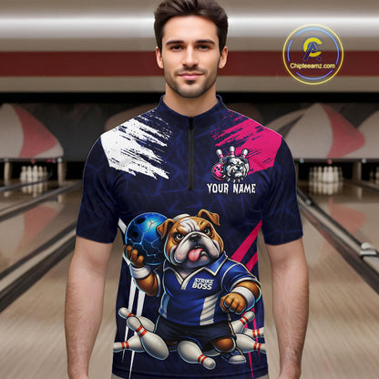 Personalized Funny Bulldog Bowling League Shirt Polo & 1/4 Zip Navy Bowling Jersey for Men QZT910
