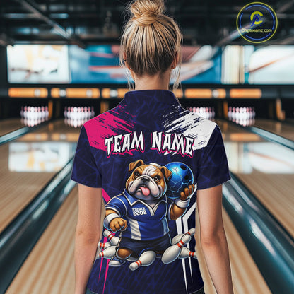 Personalized Funny Bulldog Bowling League Shirt Polo & 1/4 Zip Navy Bowling Jersey for Women QZT910
