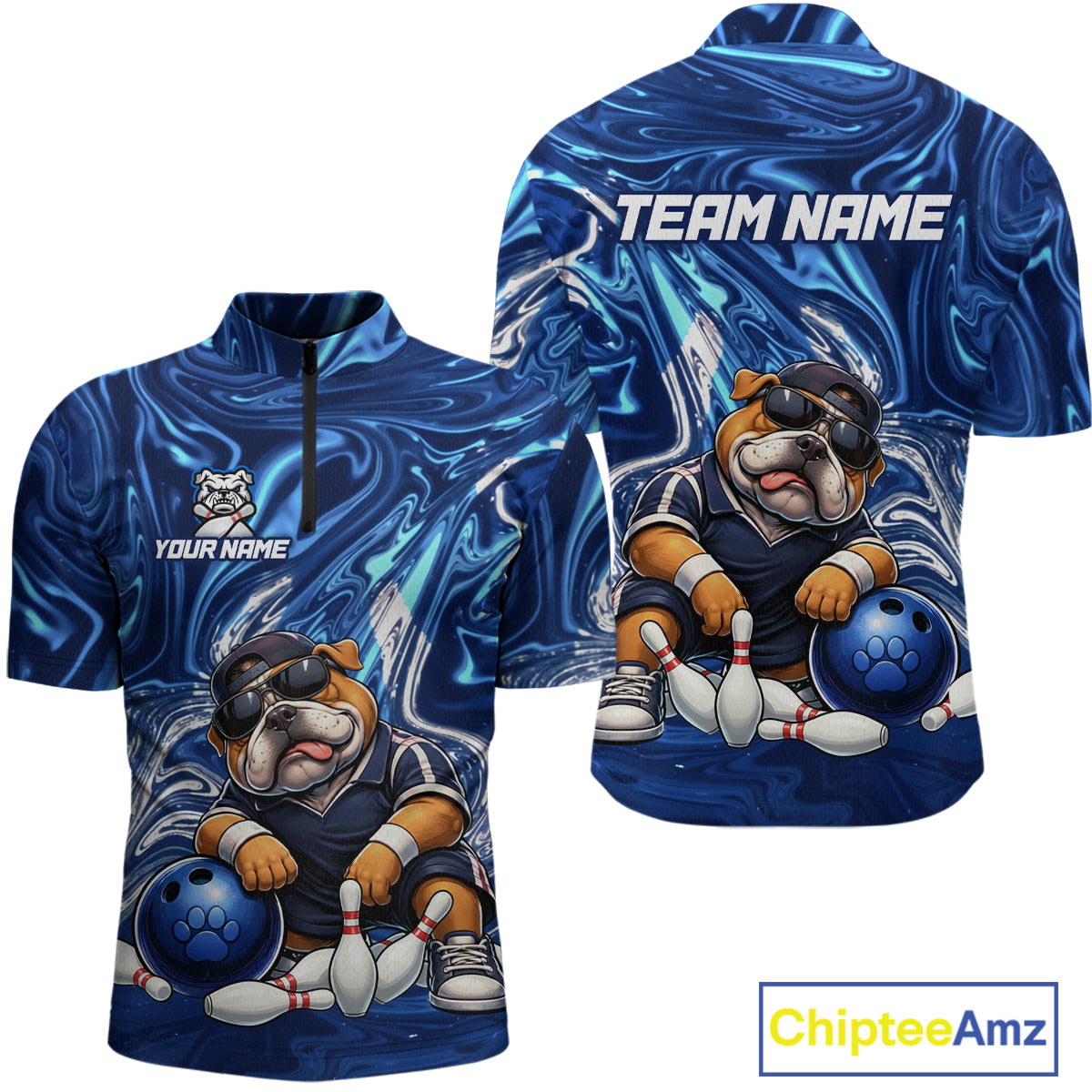 Custom Blue Funny Bulldog Bowling Team Shirt Bowling Jersey Polo & 1/4 Zip Bowling Unisex for Men QZT912