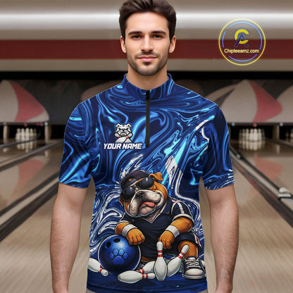 Custom Blue Funny Bulldog Bowling Team Shirt Bowling Jersey Polo & 1/4 Zip Bowling Unisex for Men QZT912