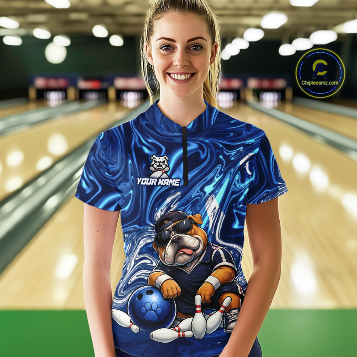 Custom Blue Funny Bulldog Bowling Team Shirt Bowling Jersey Polo & 1/4 Zip Bowling Unisex for Women QZT912