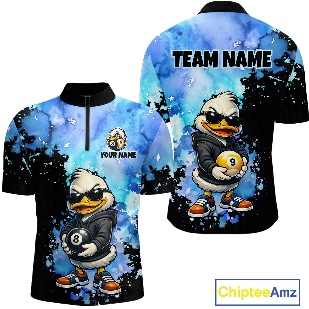 Custom short-sleeve quarter-zip shirt shown from the front and back, featuring a cartoon duck wearing sunglasses and holding pool balls, over a blue and black watercolor splatter background. The front has a quarter-zip collar and a customizable logo area, and the back has a large 'TEAM NAME' text area.