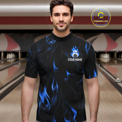 Custom Blue Flames Bowling Shirt for Men Bowling Team Jersey Bowling Outfit QZT1216