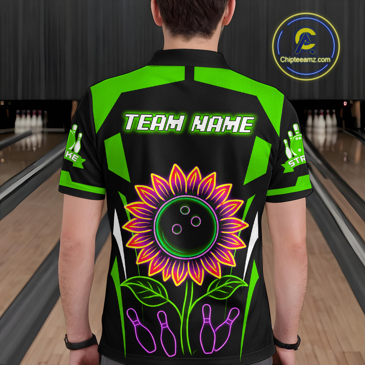 Green Neon Lightning Sunflower Bowling Shirt for Men Custom Team Bowling Polo Bowling Jersey QZT771