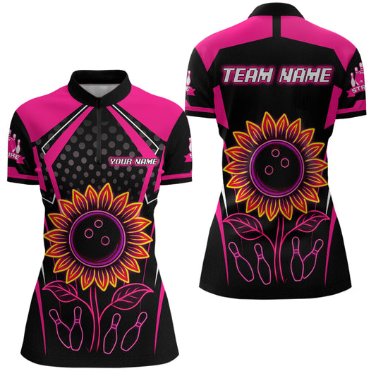 Pink Neon Lightning Sunflower Bowling Shirt for Women Custom Team Bowling Polo Bowling Jersey QZT771