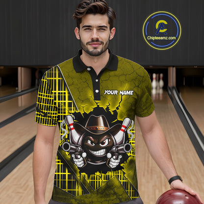 Custom Yellow Funny Cowboy Gun Bowling Shirt for Men Bowling Team Jersey Bowling Polo & Quarter-Zip QZT915