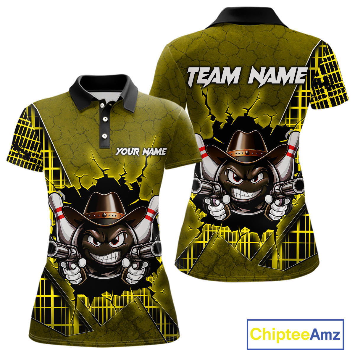 Custom Yellow Funny Cowboy Gun Bowling Shirt for Women Bowling Team Jersey Bowling Polo & Quarter-Zip QZT915
