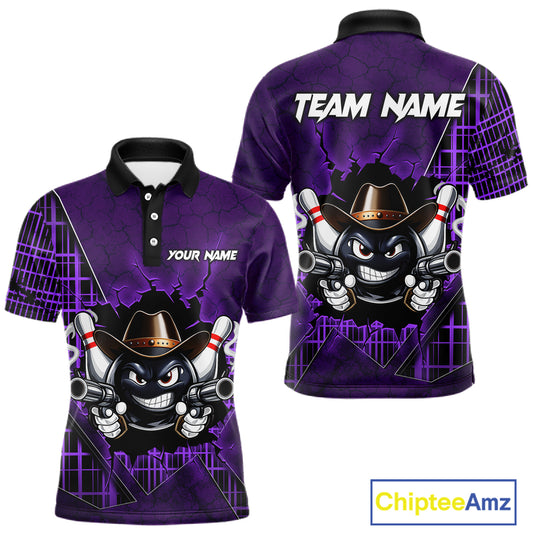 Custom Purple Funny Cowboy Gun Bowling Shirt for Men Bowling Team Jersey Bowling Polo & Quarter-Zip QZT915