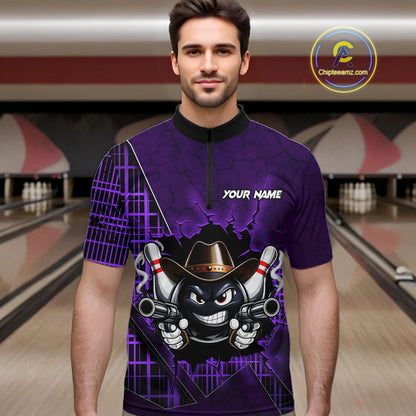 Custom Purple Funny Cowboy Gun Bowling Shirt for Men Bowling Team Jersey Bowling Polo & Quarter-Zip QZT915