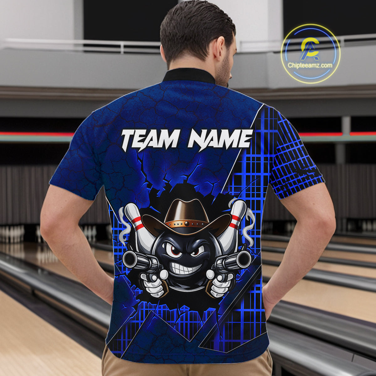 Custom Blue Funny Cowboy Gun Bowling Shirt for Men Bowling Team Jersey Bowling Polo & Quarter-Zip QZT915