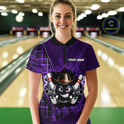 Custom Purple Funny Cowboy Gun Bowling Shirt for Women Bowling Team Jersey Bowling Polo & Quarter-Zip  QZT915