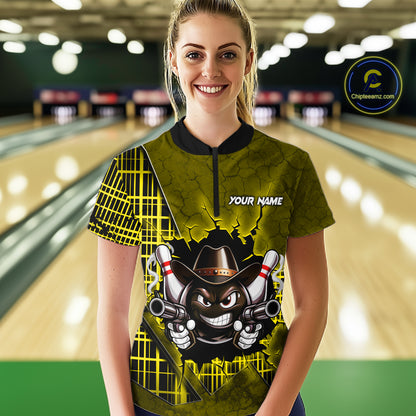 Custom Yellow Funny Cowboy Gun Bowling Shirt for Women Bowling Team Jersey Bowling Polo & Quarter-Zip QZT915