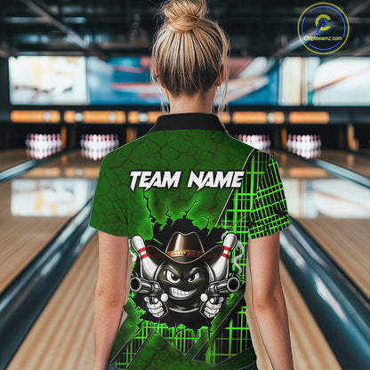 Custom Green Funny Cowboy Gun Bowling Shirt for Women Bowling Team Jersey Bowling Polo & Quarter-Zip  QZT915
