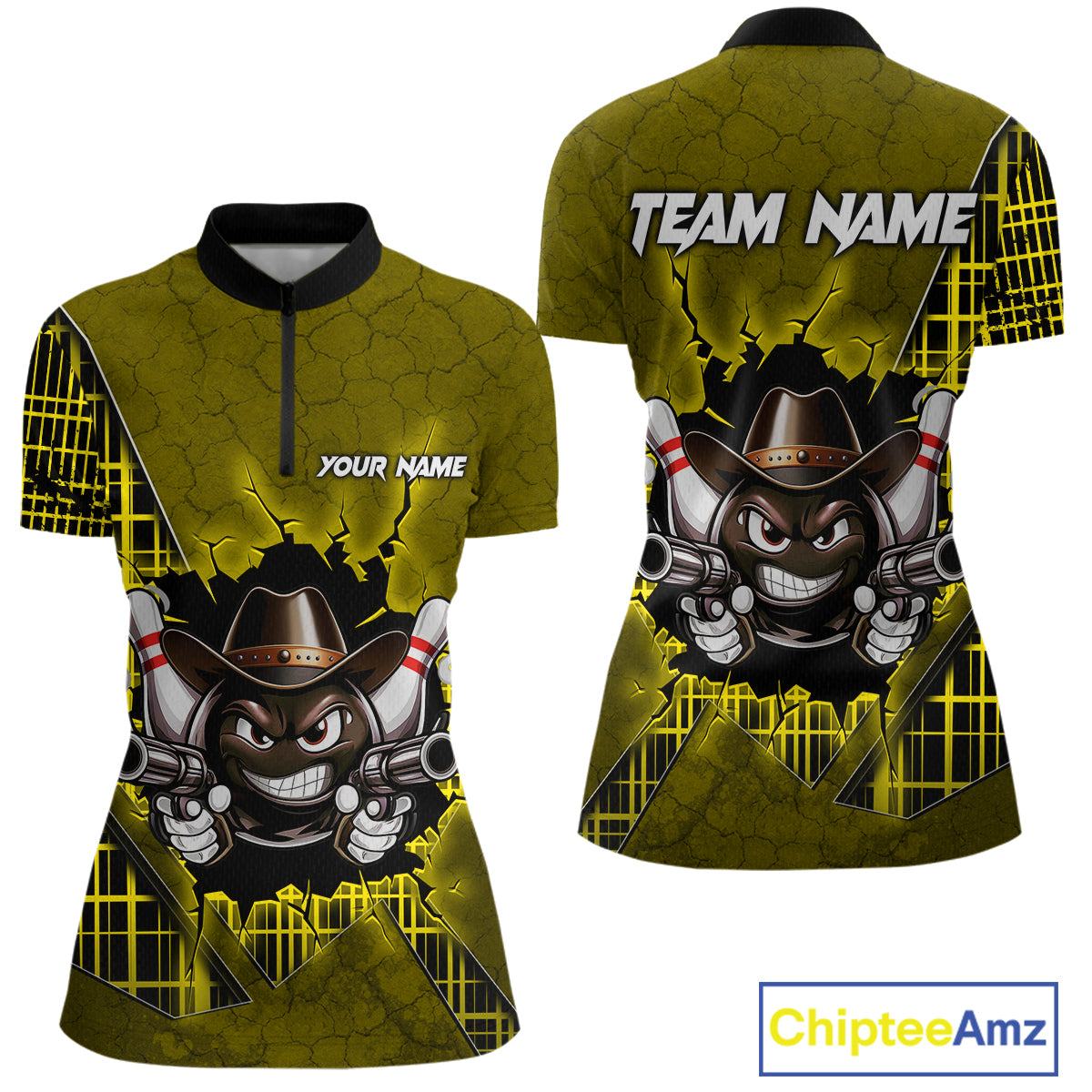 Custom Yellow Funny Cowboy Gun Bowling Shirt for Women Bowling Team Jersey Bowling Polo & Quarter-Zip QZT915