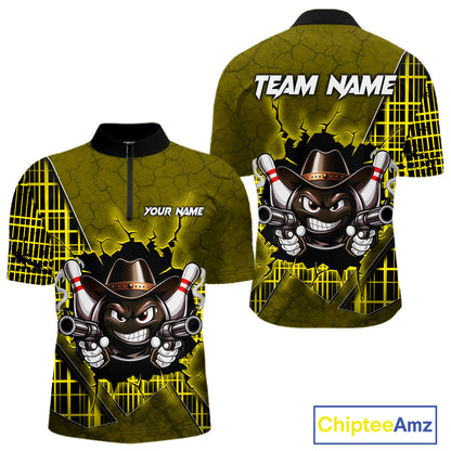 Custom Yellow Funny Cowboy Gun Bowling Shirt for Men Bowling Team Jersey Bowling Polo & Quarter-Zip QZT915