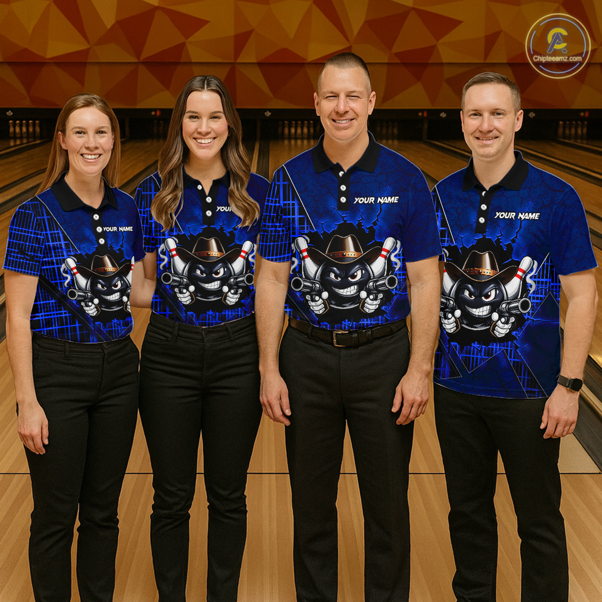 Custom Blue Funny Cowboy Gun Bowling Shirt for Men Bowling Team Jersey Bowling Polo & Quarter-Zip QZT915