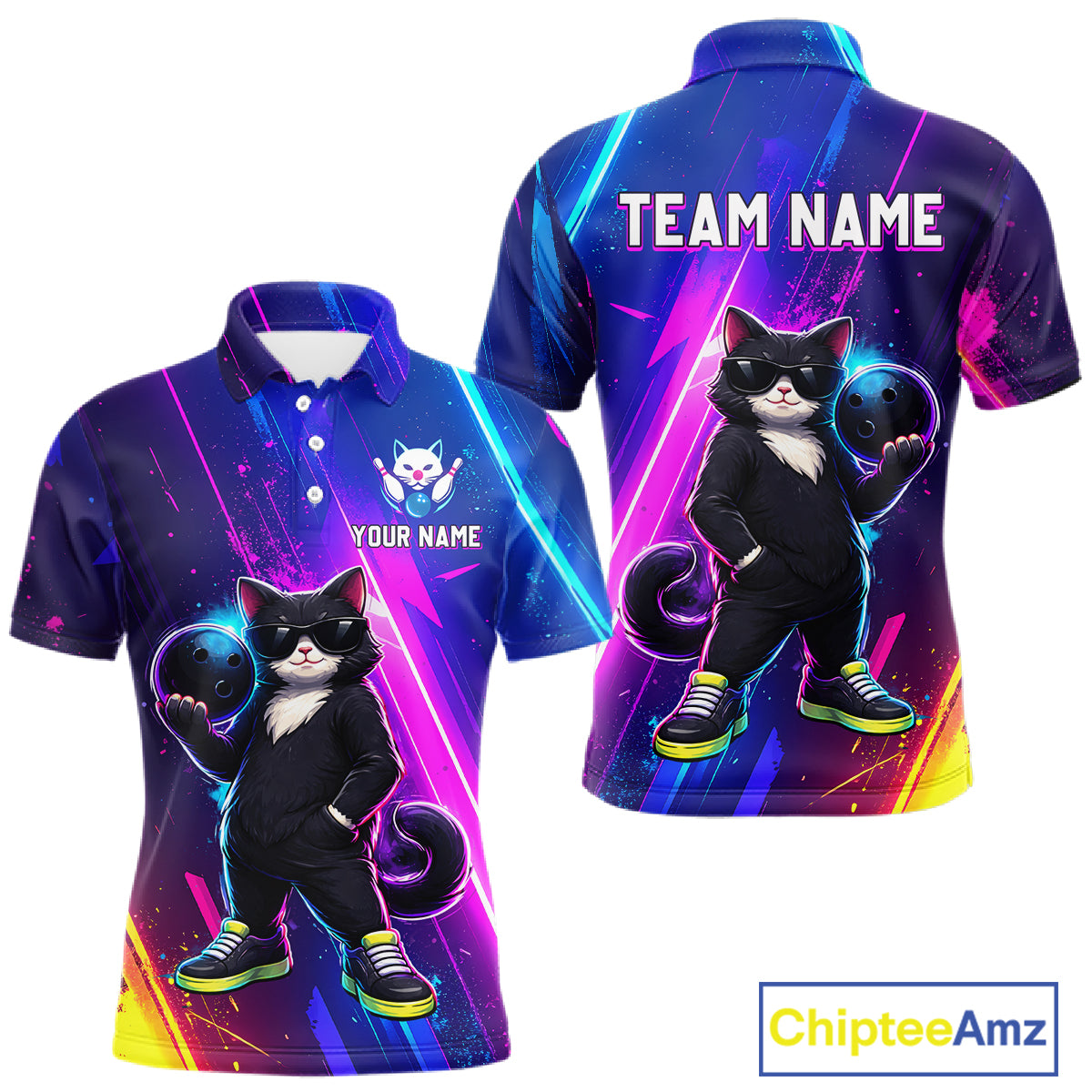 Personalized Neon Funny Cat Bowling Team Shirt for Men Bowling League Jersey Polo & Quarter-Zip Bowling Outfit QZT916
