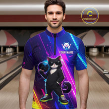 Load image into Gallery viewer, Personalized Neon Funny Cat Bowling Team Shirt for Men Bowling League Jersey Polo &amp; Quarter-Zip Bowling Outfit QZT916