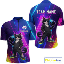 Load image into Gallery viewer, Personalized Neon Funny Cat Bowling Team Shirt for Men Bowling League Jersey Polo &amp; Quarter-Zip Bowling Outfit QZT916