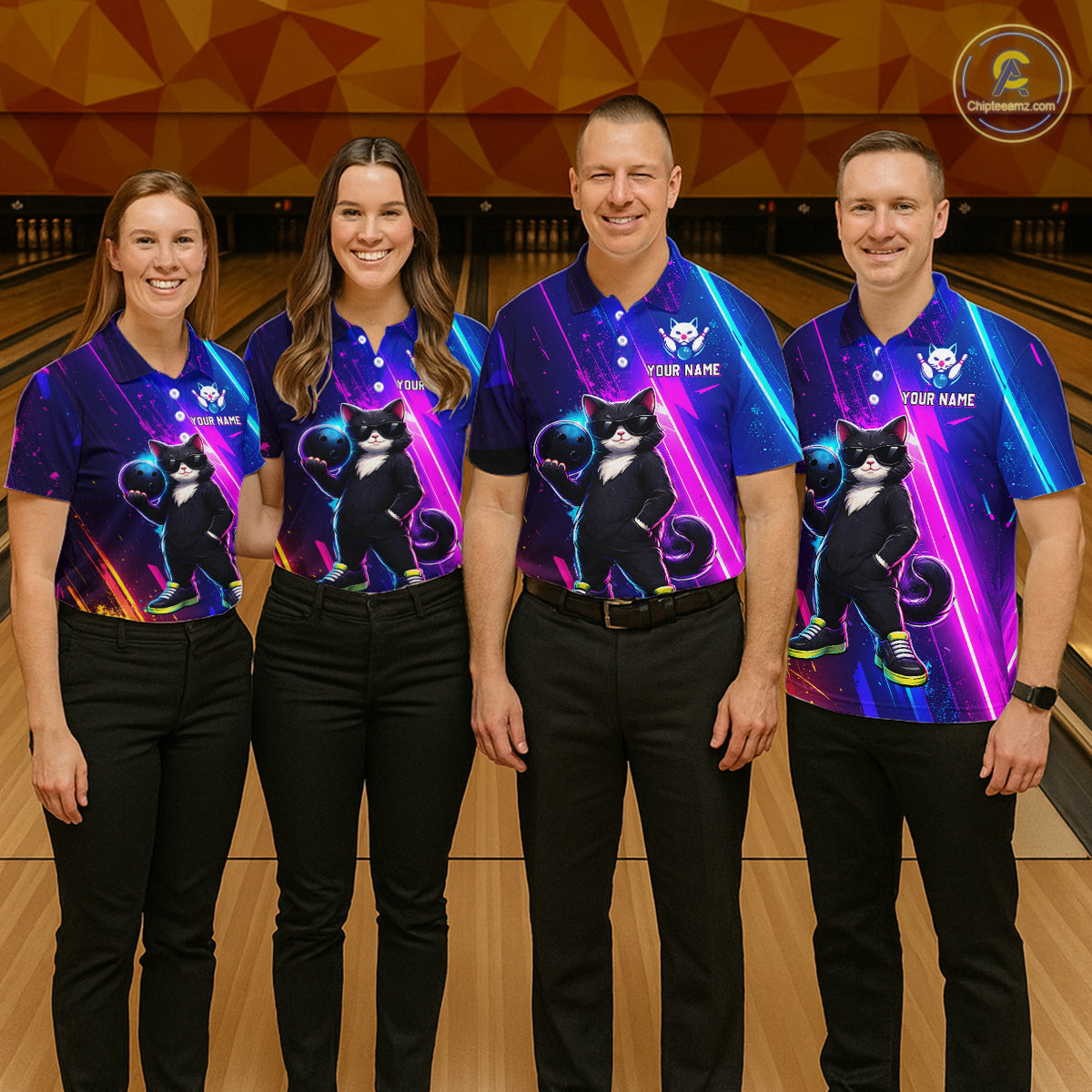 Personalized Neon Funny Cat Bowling Team Shirt for Men Bowling League Jersey Polo & Quarter-Zip Bowling Outfit QZT916