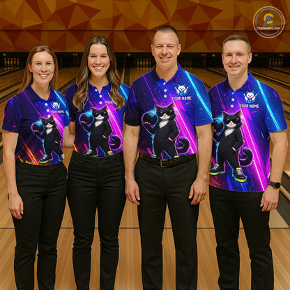 Personalized Neon Funny Cat Bowling Team Shirt for Men Bowling League Jersey Polo & Quarter-Zip Bowling Outfit QZT916