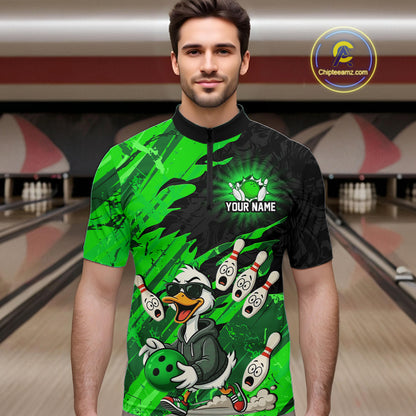 Green Funny Duck Bowling Shirt for Men Custom Bowling Team Jersey Bowling League Polo & Quarter-Zip QZT944