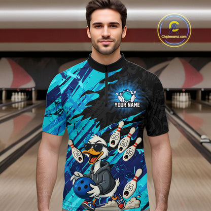 Cyan Funny Duck Bowling Shirt for Men Custom Bowling Team Jersey Bowling League Polo & Quarter-Zip QZT944