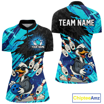 Cyan Funny Duck Bowling Shirt for Women Custom Bowling Team Jersey Bowling League Polo & Quarter-Zip QZT944