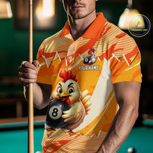 Load image into Gallery viewer, Person wearing a colorful polo shirt with a chicken and pool ball design, holding a pool cue.
