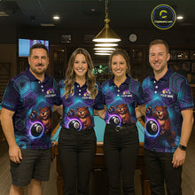 Load image into Gallery viewer, Four people wearing matching bowling shirts with a bear and ball design in a bowling alley.